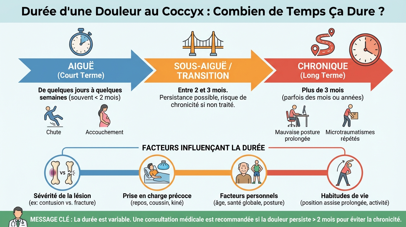 Combien de temps dure une douleur au coccyx ? 1 Durée des douleurs au coccyx